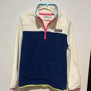 Vineyard Vines Kids Shep Shirt Fleece in Navy and Cream with Pink Trim